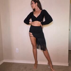 Black latin dance fringe skirt